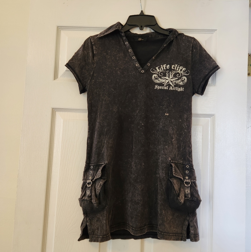 Black Distressed Graphic Short Sleeve Mini Dress